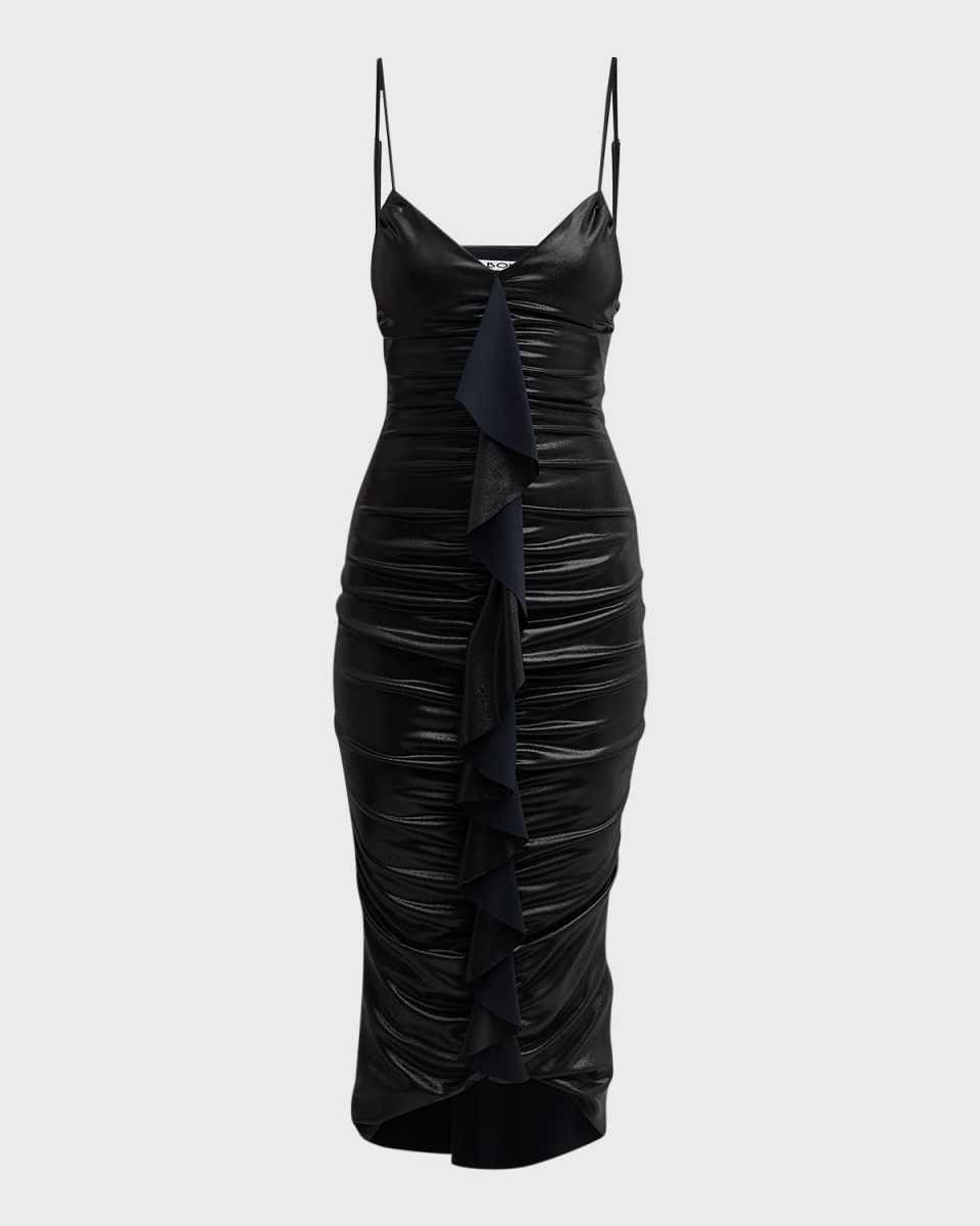 Sleeveless Ruched Ruffle Midi Dress
